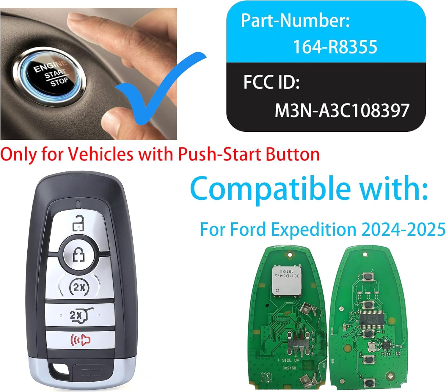 Smart Key Fob for Ford Mustang 2024-2025, Alliskeys Proximity Key Fob Replacement for Ford Mustang 2024-2025 M3N-A3C108397 PR3T-15K601-BB 164-R8347