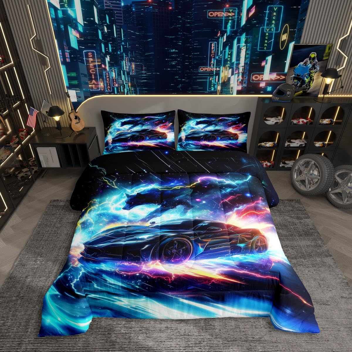 Kids Boys Sports Comforter Set - Black Blue Wolf Race Car Comforter for Kids Teens Room Decor - Lightning Extreme Sports Game Theme Bedding Set - Cool Speed Luxury Cars Quilt Set-All Season,Full Size