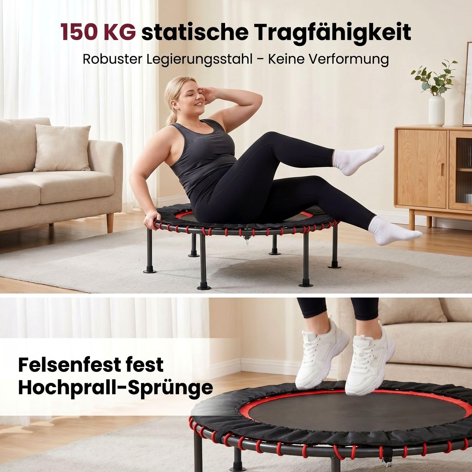 LIFERUN Ø102/122cm Fitness Trampolin Indoor mit Randabdeckung, bis 150kg, 3-stufiger Haltegriff, ohne Montage, geräuscharme Gummiseilfederung, für Erwachsene und Kinder, für drinnen und draußen
