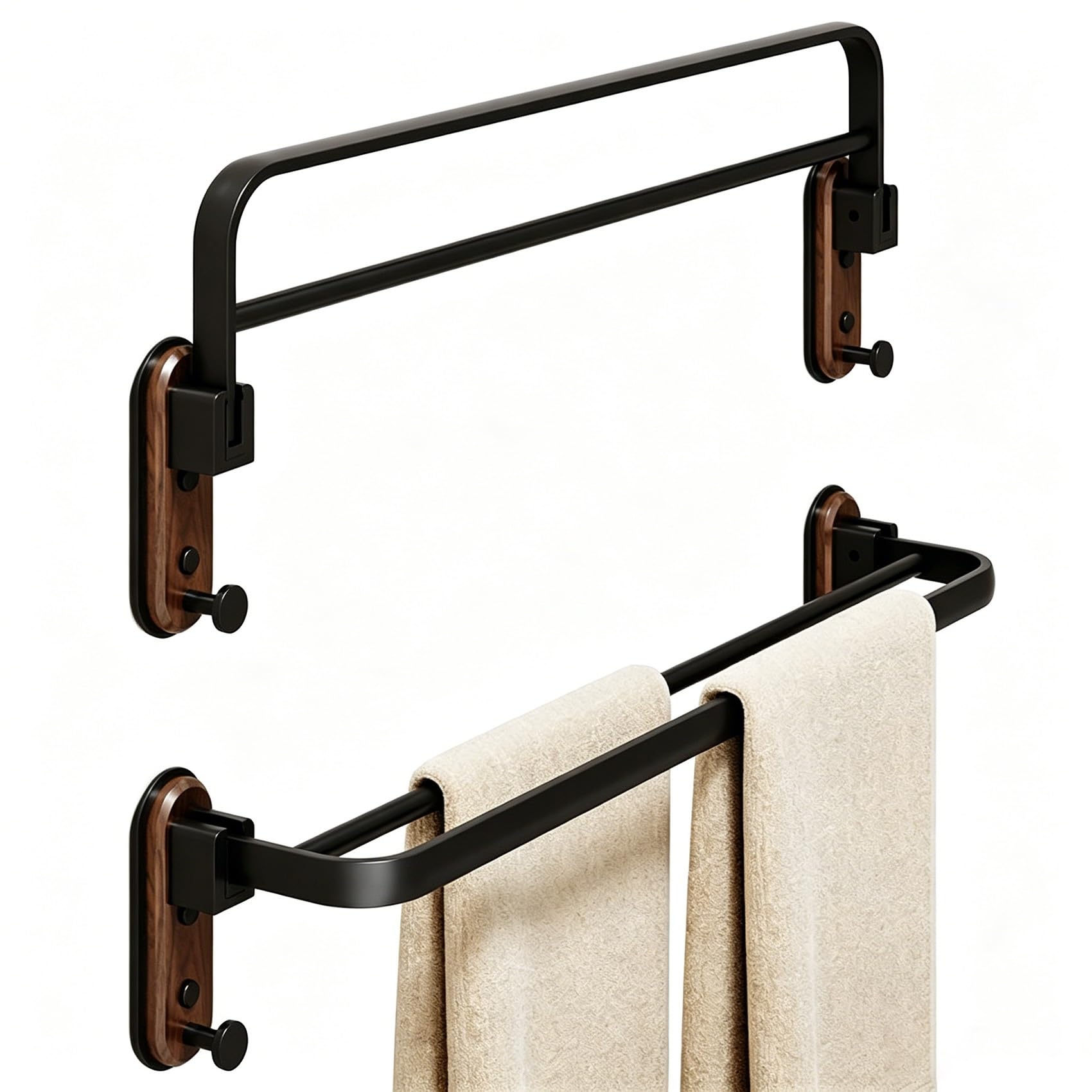 Porte serviette murale pliable en aluminium noir et bois pour salle de bain