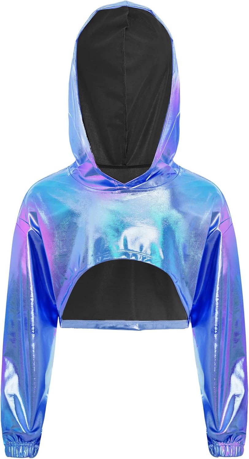 Kids Girls Metallic High Low Cropped Sweatshirt Long Sleeve Shiny Hoodie Hip Hop Jazz Dance Top