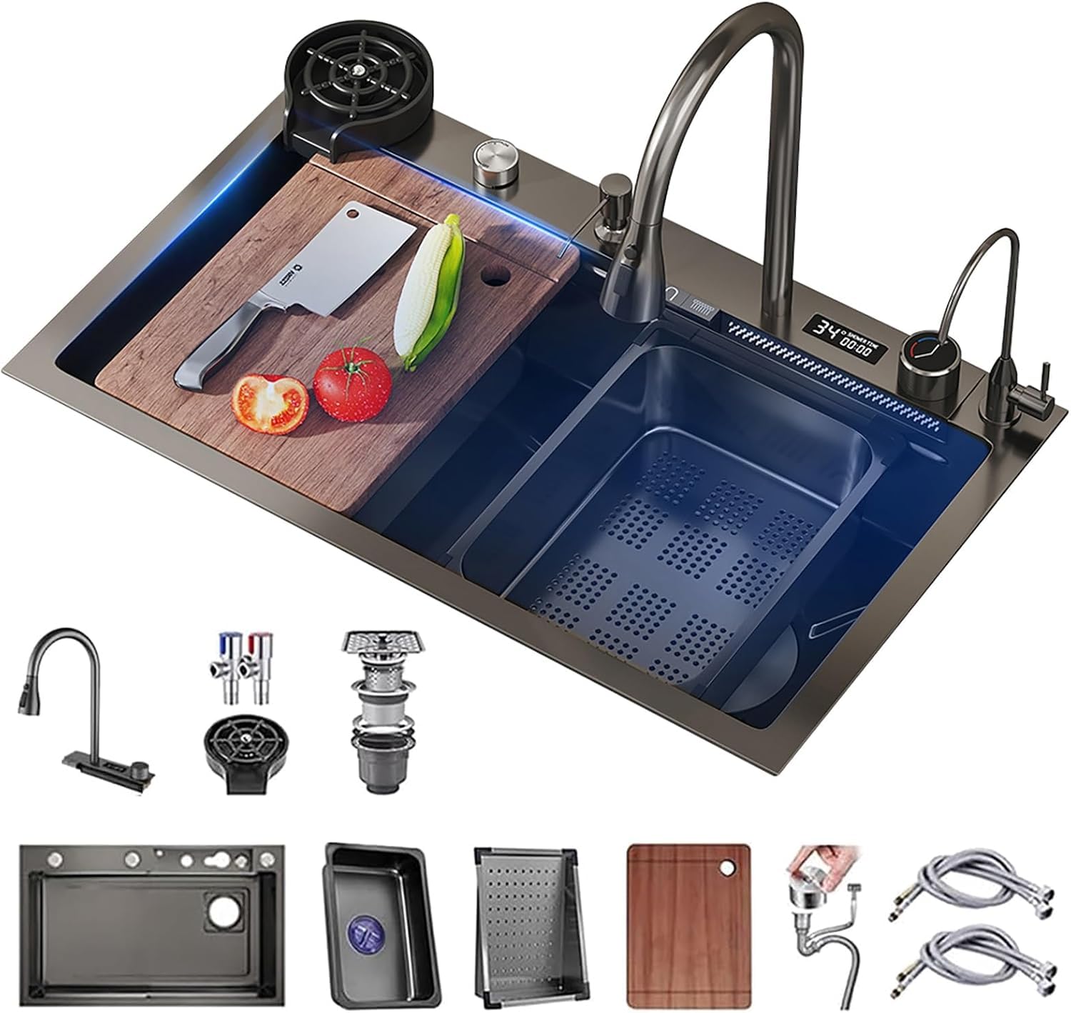 Évier de cuisine à cuve unique noir en inox avec robinet cascade et kit complet