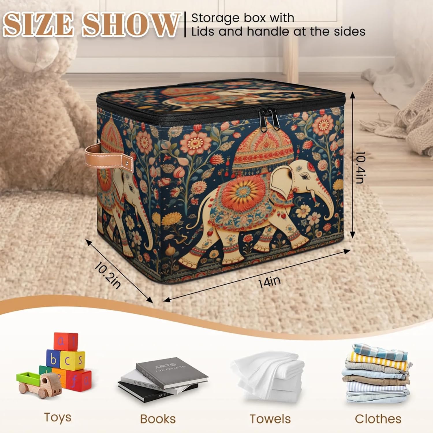 Storage Bin Set of 2 Ethnic Elephant Storage Basket with Zipper Lid & Handle Foldable Closet Shelf 2 Pack Cloth Organizer Basket Cube Bins Clothes Organizer for Nursery, Bedroom