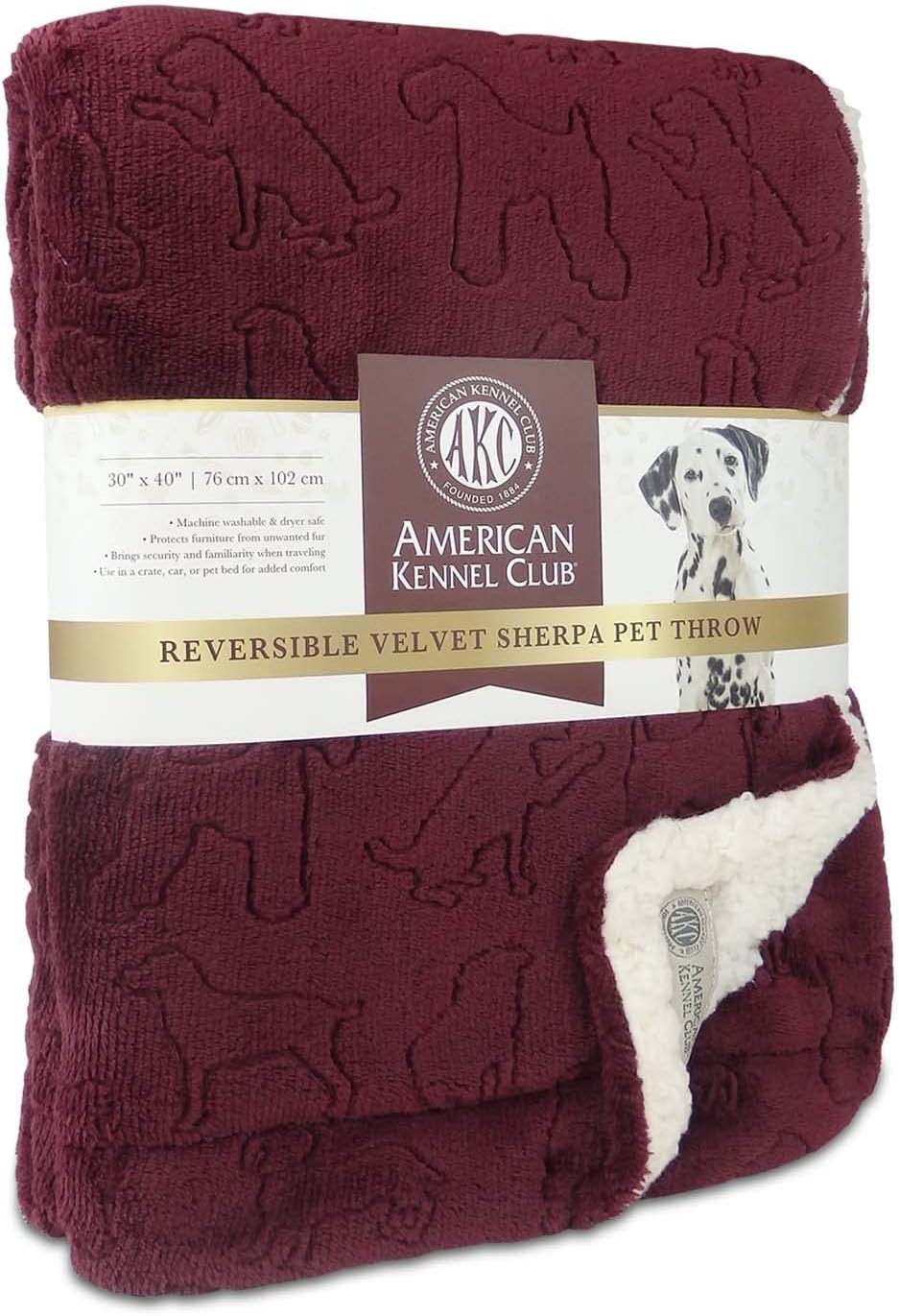 American Kennel Club Premium Velvet Sherpa Pet Blanket Soft and Warm Pet Throw for Dogs & Cats – 40”x30” - Wine