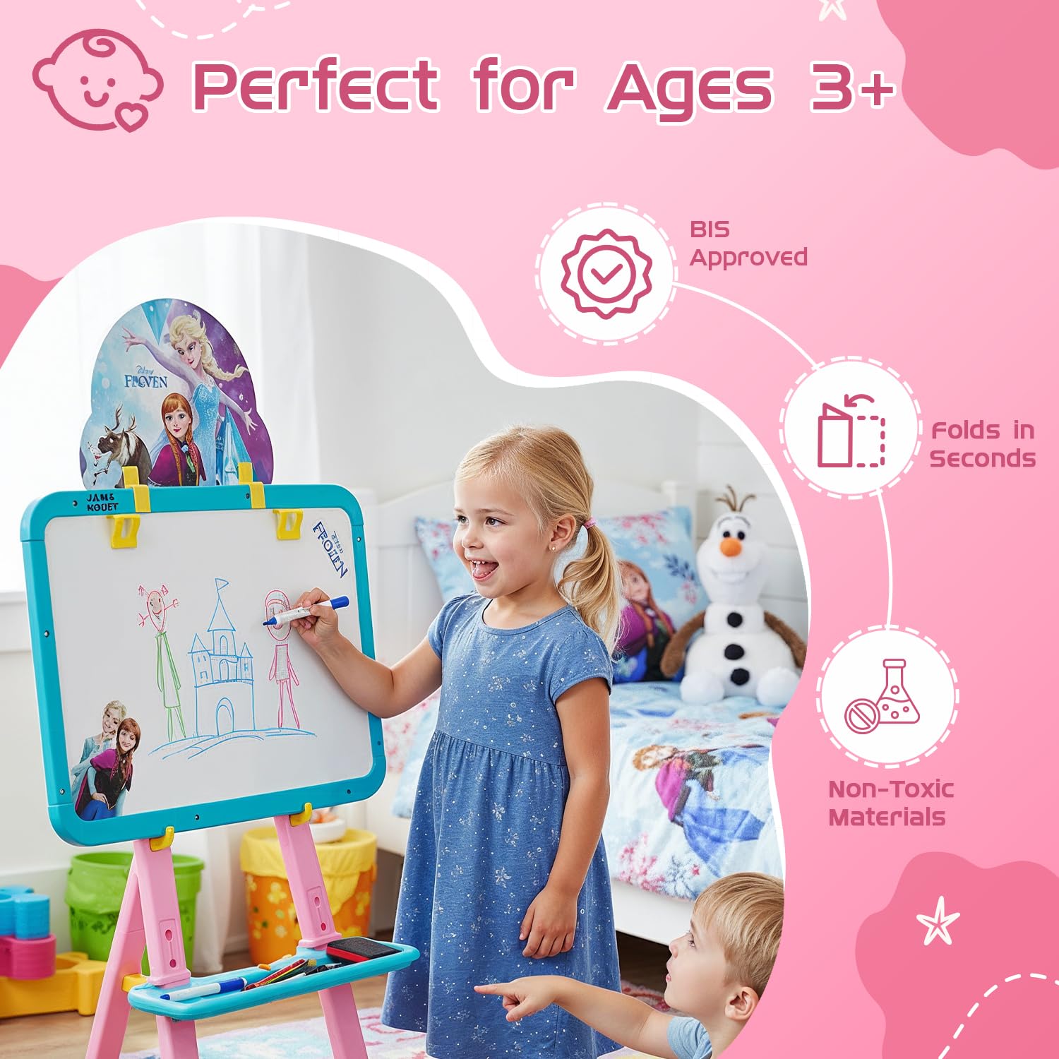 Amazon Brand - Jam & Honey Frozen 5-in-1 Easel Board for Kids 4+ Years, Double Sided Blackboard & Whiteboard with Stand, Chalk Marker Duster Set, BIS Certified Safe 3