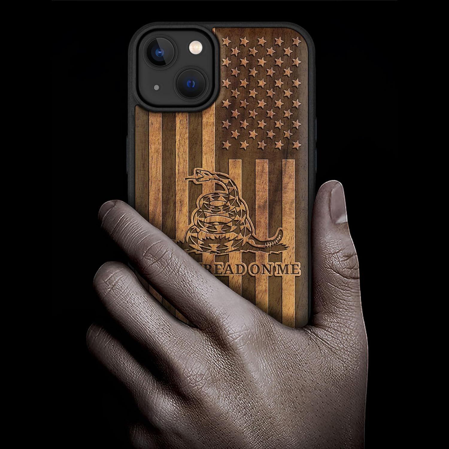 Carveit Magnetic Wooden Case for iPhone 15 Plus Case, Compatible with MagSafe Wireless Chargers, Black Soft TPU Shockproof Cover & Wood Artisan Engraved - (Gadsden Flag) - Walnut