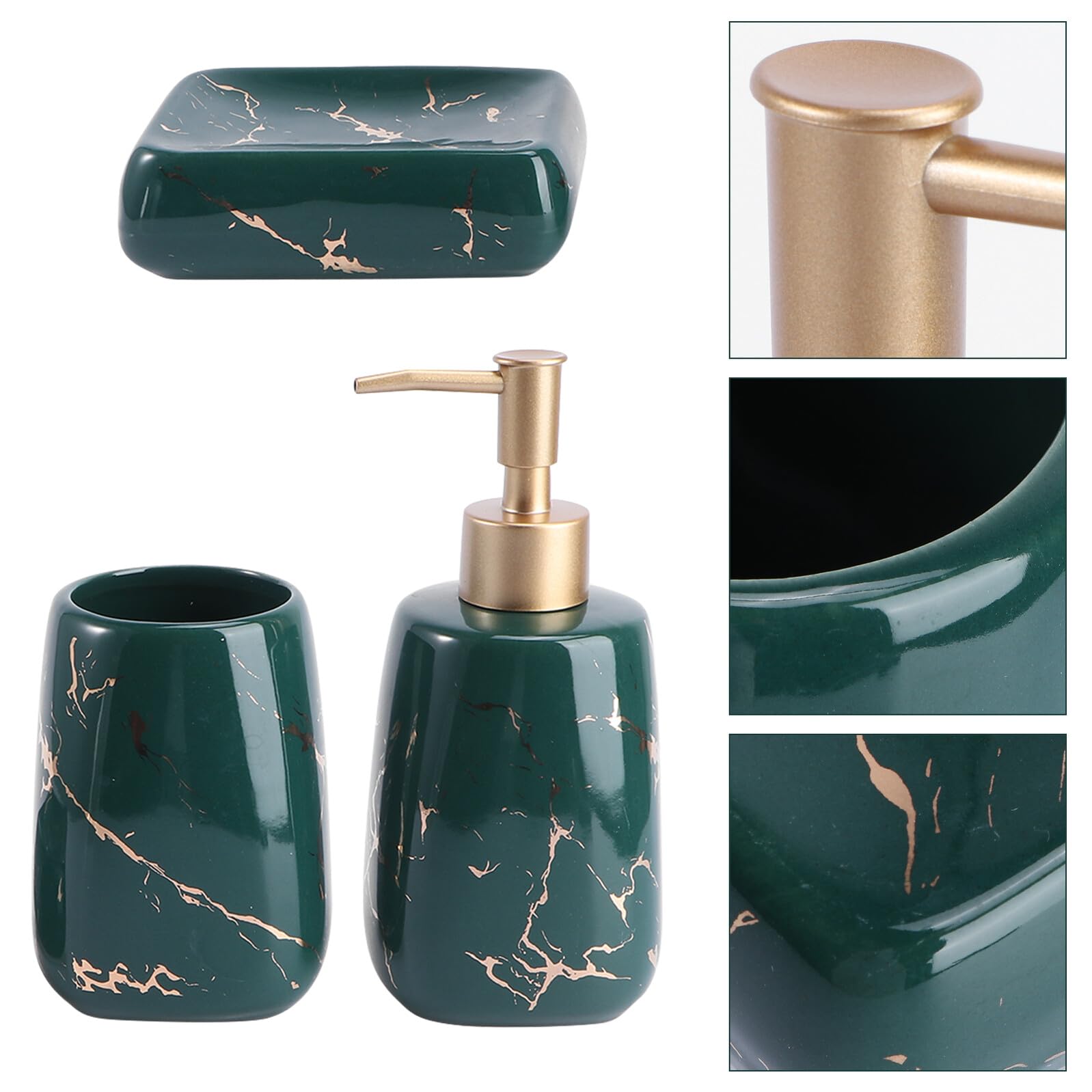 Angoily Set Accessori Bagno 3 Pezzi Dispenser Sapone e Portaspazzolino in Marmo Verde Smeraldo, Vassoio Portaoggetti Decorativo per Organizzazione e Igiene Quotidiana