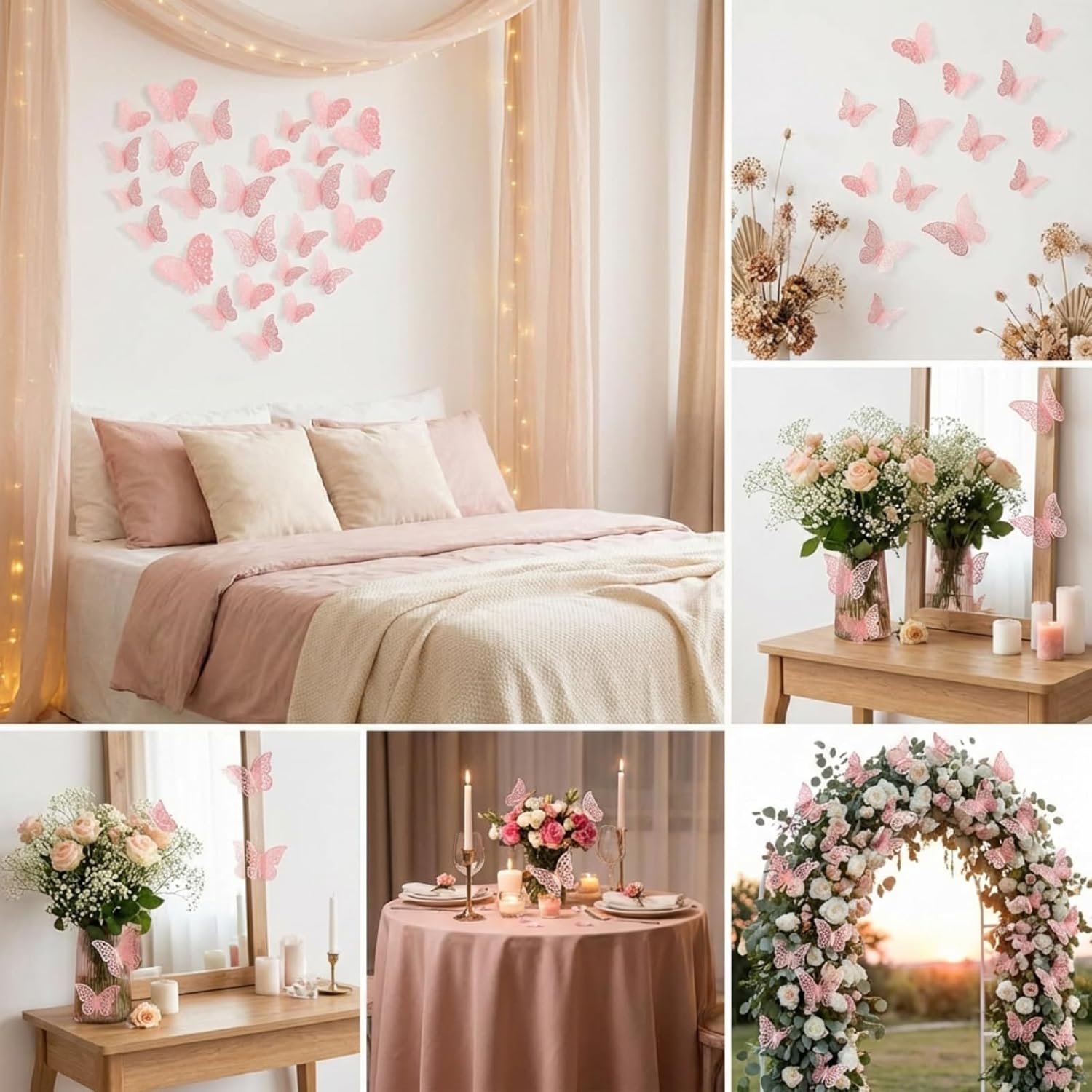 Bememo 72 Pieces 3D Butterfly Wall Decals Sticker Decal Wall Decor Art Decorative Sticker 3 Sizes for Room Offices Bedroom Bathroom Living Room Decor(Light Pink)