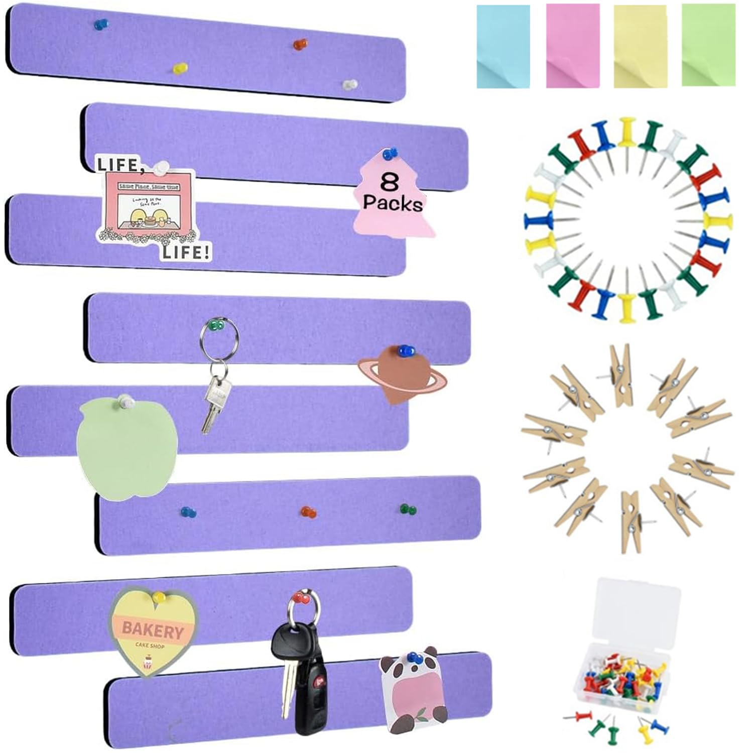 Vuzvuv 8 pcs Bulletin Board Bar Strips with 50 Pushpins & 10 Wooden Clip pins，Self Adhesive Cork Board for Wall，Felt Pin Board for School，Office Decor