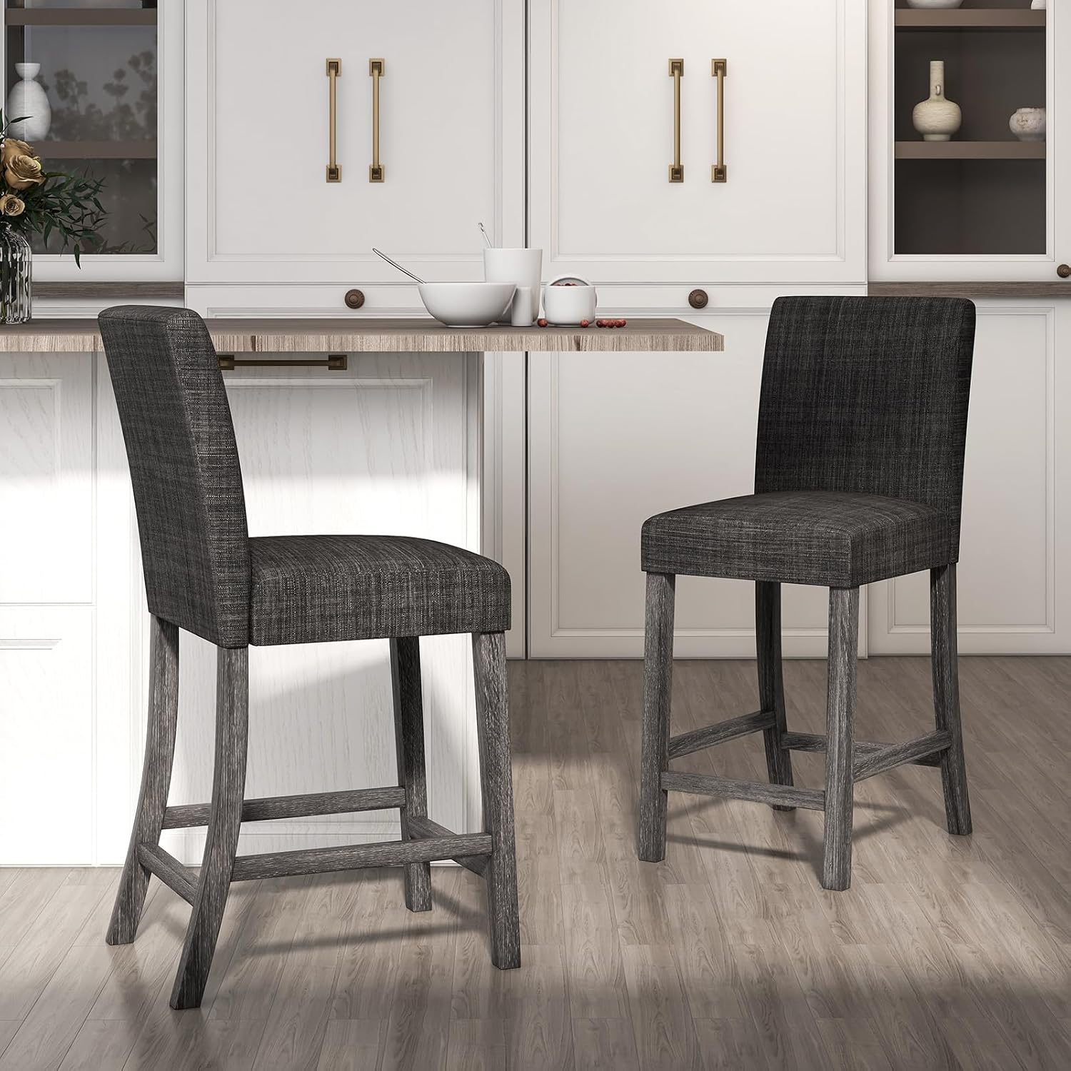 COSTWAY Counter Height Bar Stools Set of 2, 24.5’’ Upholstered Mid Century Modern Island Chairs with Rubber Wood Legs, Wooden Barstools for Kitchen, Dining Room, Bar, Restaurant (Grey)
