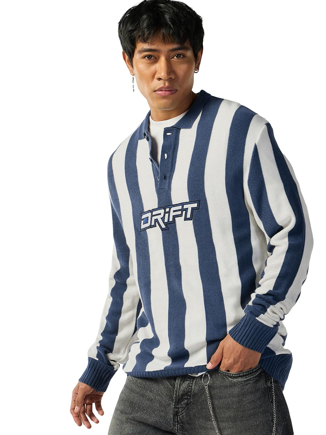 Men Striped Oversized Fit Full Sleeve Polo 100% Acrylic Sweater_644662_White_XL