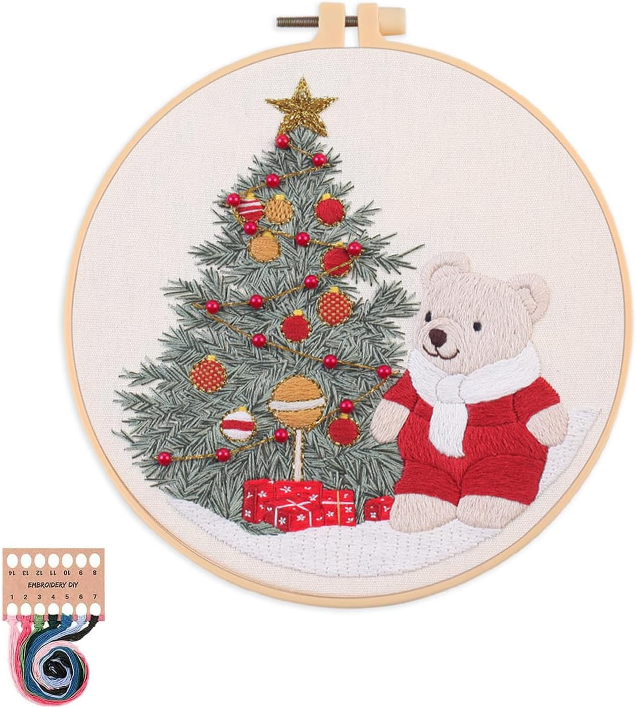artcici Embroidery Kits Christmas Tree Bear Patterns for Beginners Adults, Full Range Embroidery Starter Kits Cross Stitch Needlework Supplies (Beige)