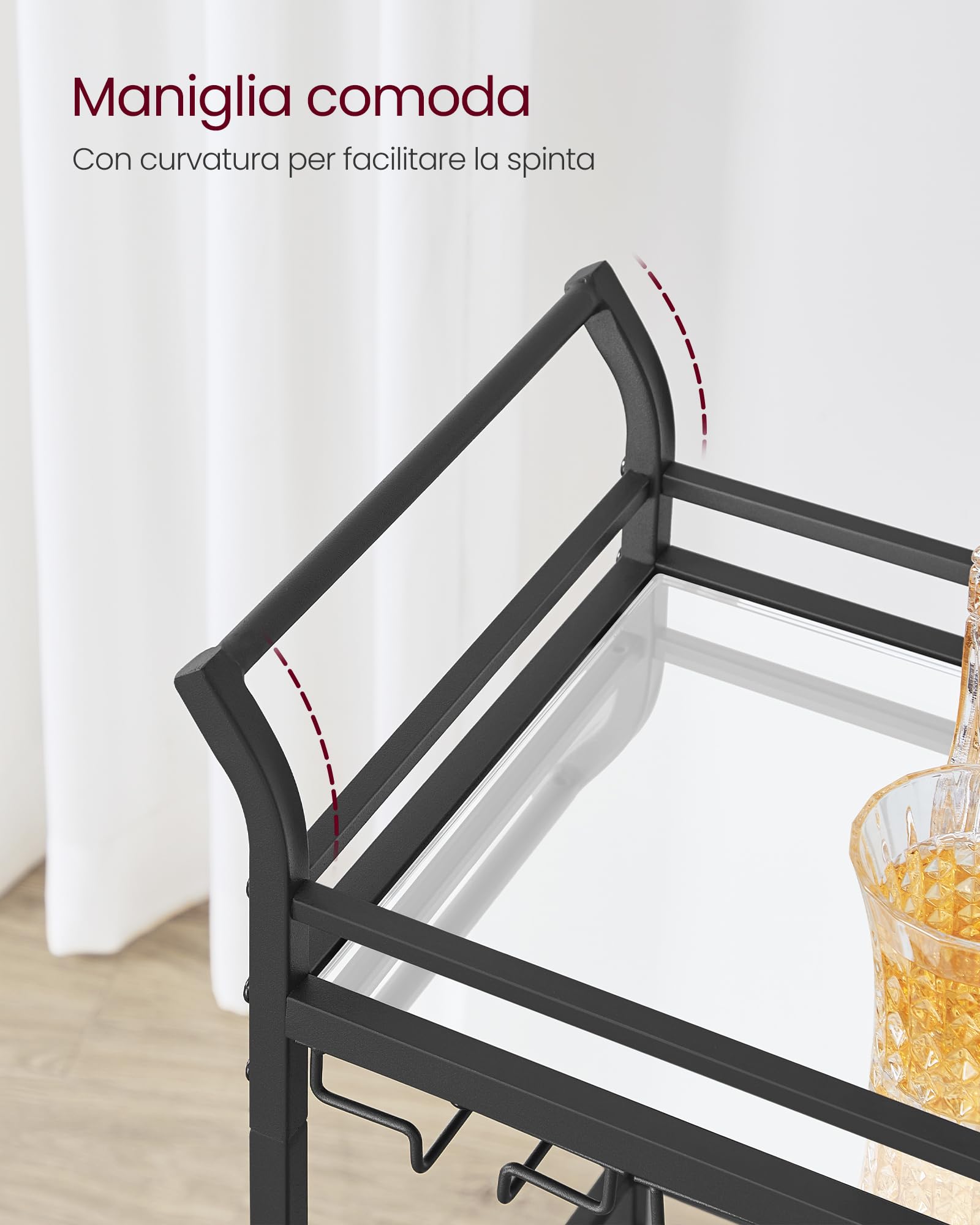 VASAGLE Carrello Cucina a 3 Ripiani, con Ruote, Vetro a Specchio, Maniglia | Carrello Portavivande Salvaspazio, per Piccoli Spazi, Sala da Pranzo, Bagno, Salotto, Nero, Collezione BARIS LRC091B62