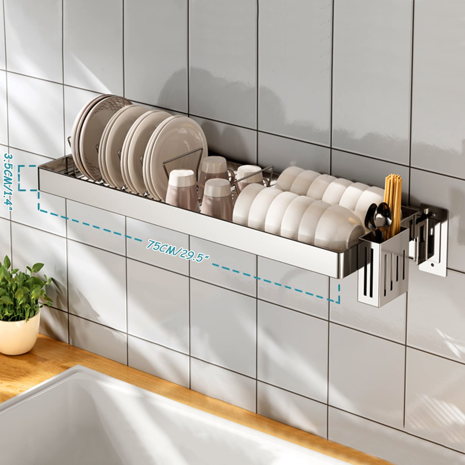 inless - Escurridor de pared de acero para colgar en la pared, 55 cm, 95 cm, 75 cm, estante para platos para ahorrar espacio en la cocina