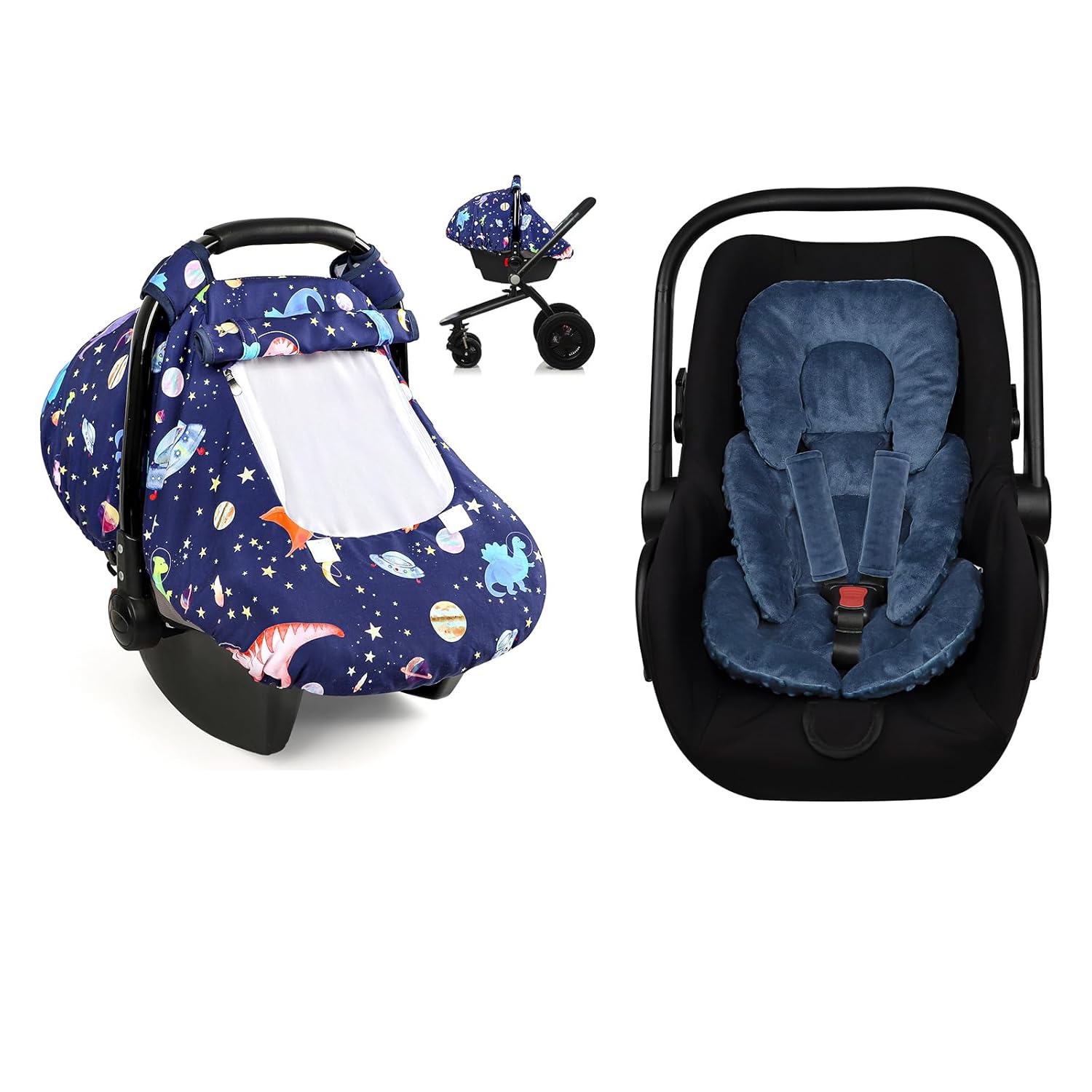GFU Infant Car Seat Insert Head and Body Support & Baby Car Seat Cover Winter, Windproof Blue Carseat Covers for Newborn with 2 Layers Window