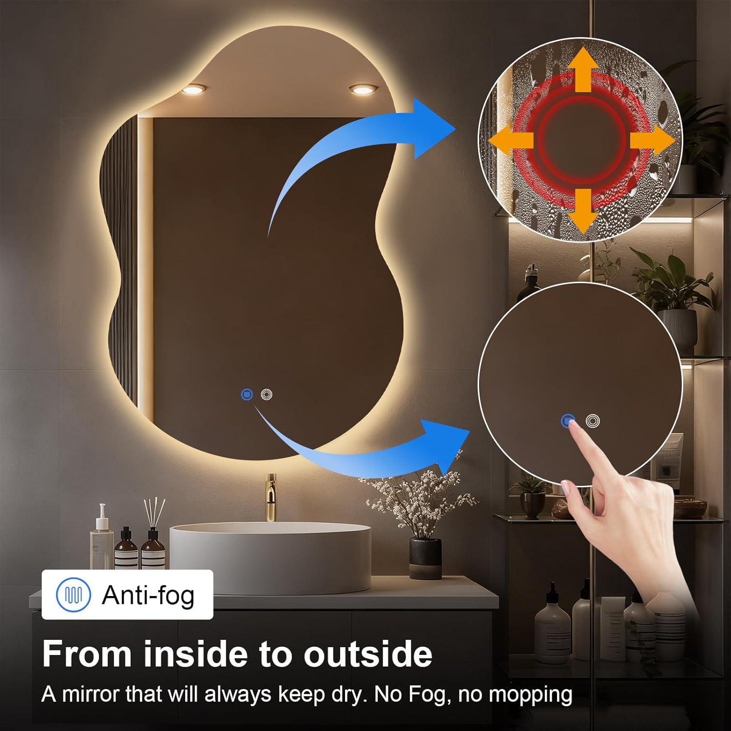 Asymmetrical Lighted Mirror for Bathroom,Modern LED Vanity Mirror with Backlit,Fog-Free,Tri-Color Dimmable Lighting with Memory Function,Hardwire Ready [Horizontal/Vertical] 40" H x 30" W