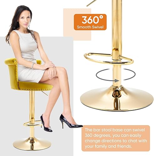 Miniatura 4 de Taburetes de bar giratorios modernos, taburetes de bar ajustables de altura de mostrador dorados con respaldo, sillas de bar tapizadas de terciopelo