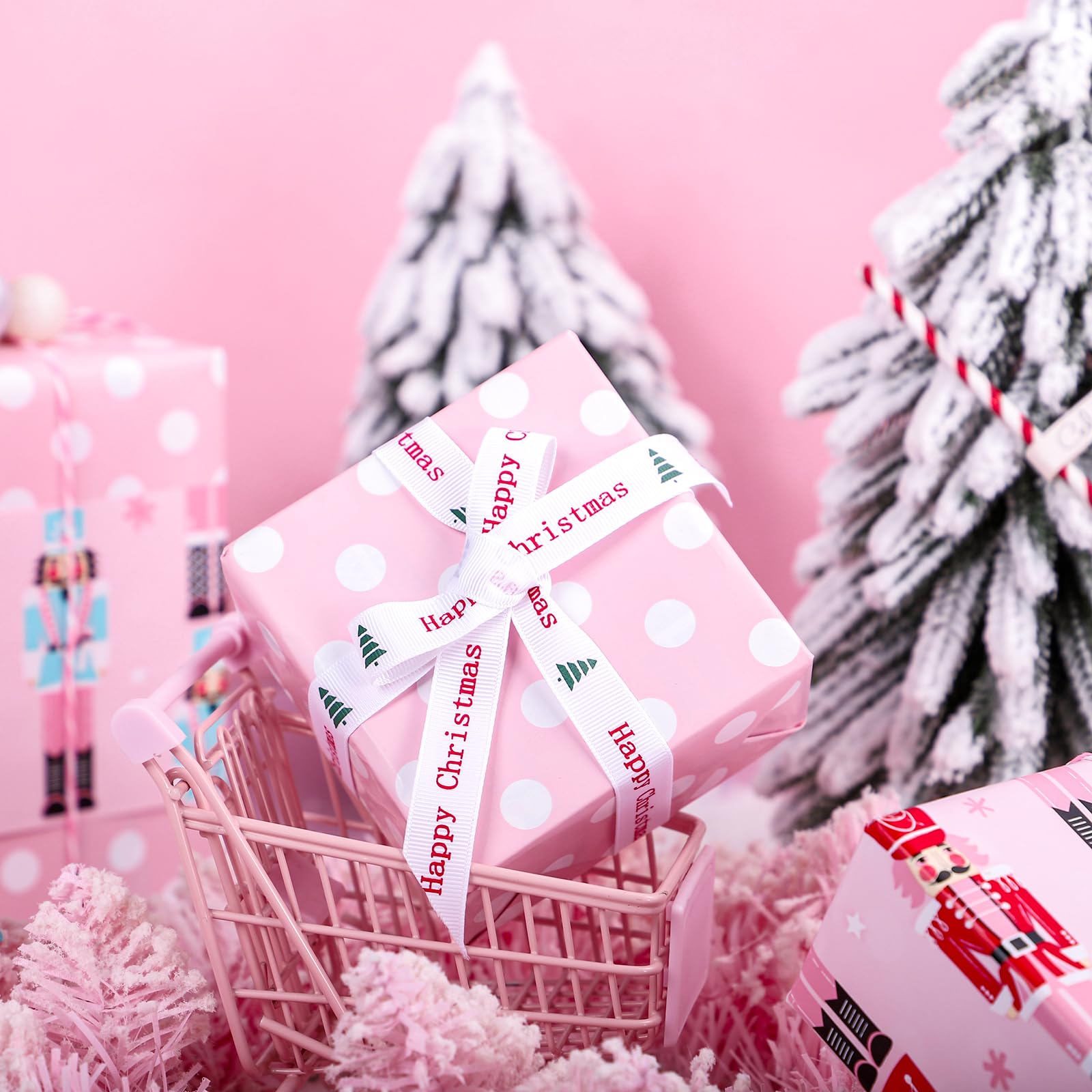 WRAPAHOLIC Wendbares Weihnachts-Geschenkpapier, 76,2 cm x 30 m, Jumbo-Rolle, rosa Nussknacker und Punkte-Design