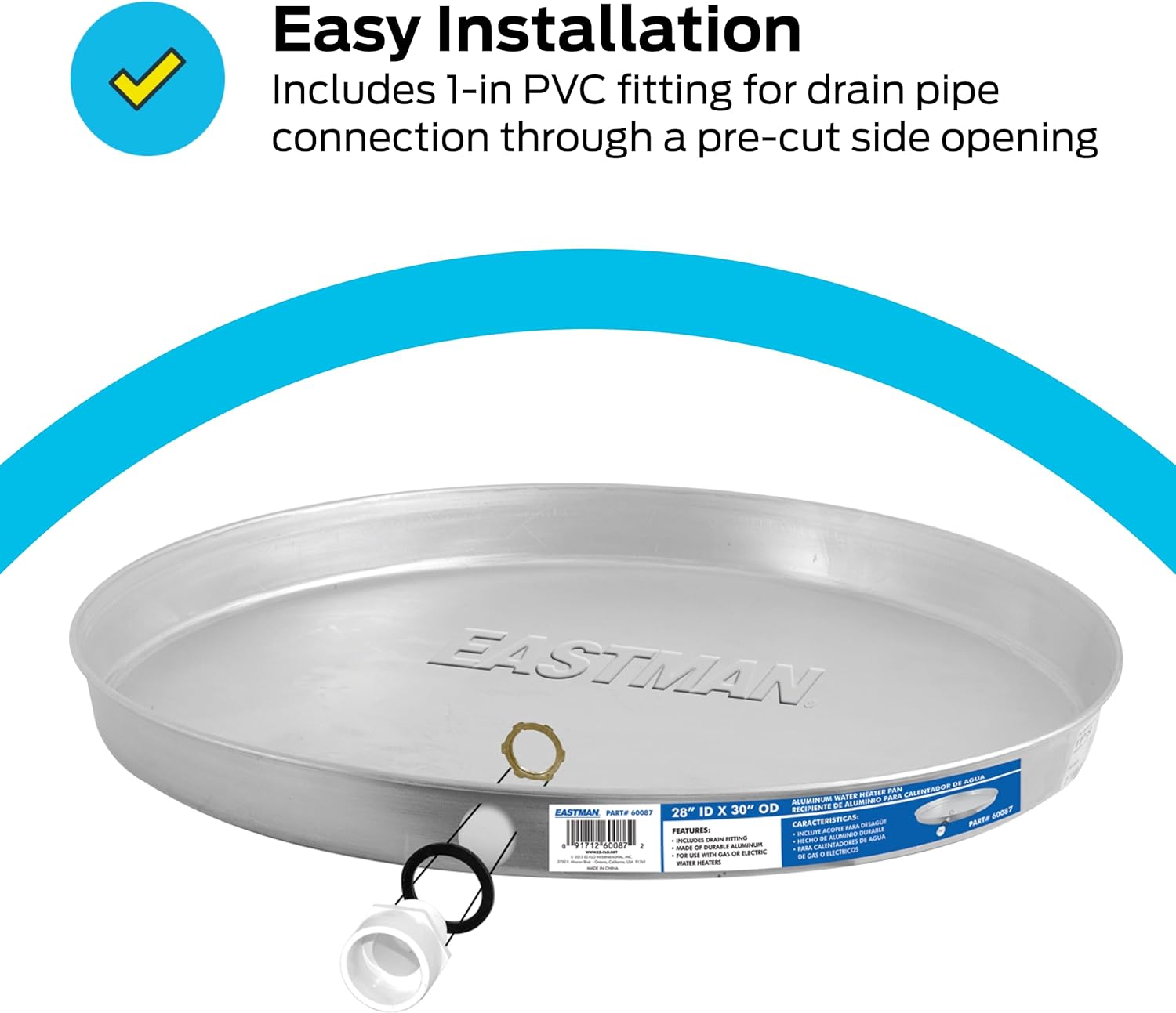 Eastman Aluminum Water Heater Drain Pan with PVC Fittings, 28 Inch ID x 30 Inch OD Compression, 60087