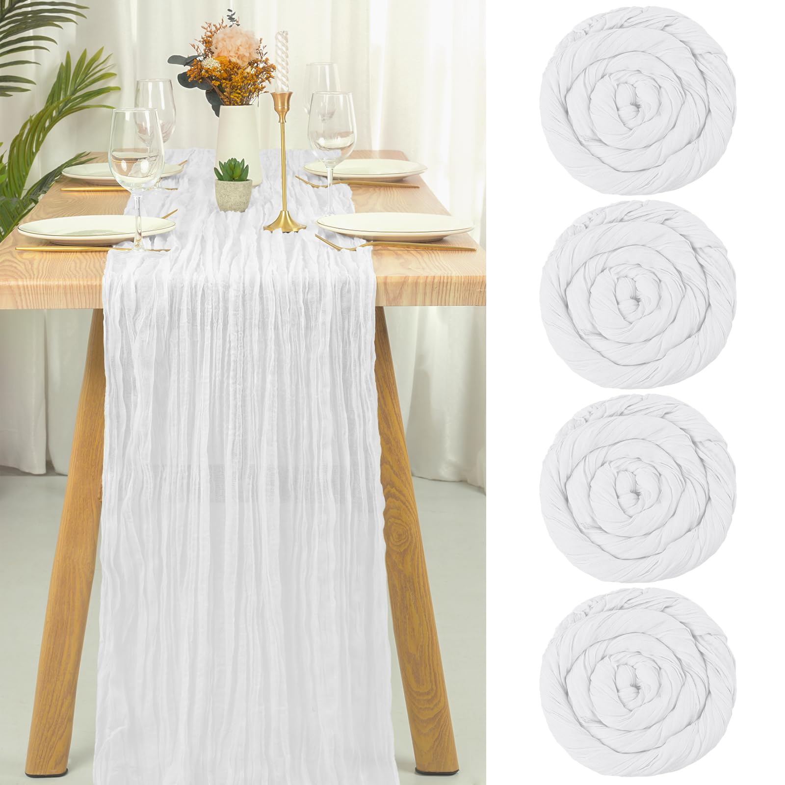 4er-Pack weißer Käsetuch-Tischläufer, halbtransparenter Tischläufer, Gaze-Tischdecke, 10 Fuß, rustikale Dekorationen für Küche, Hochzeit, Urlaub, Party-Zubehör (weiß, 300 cm)