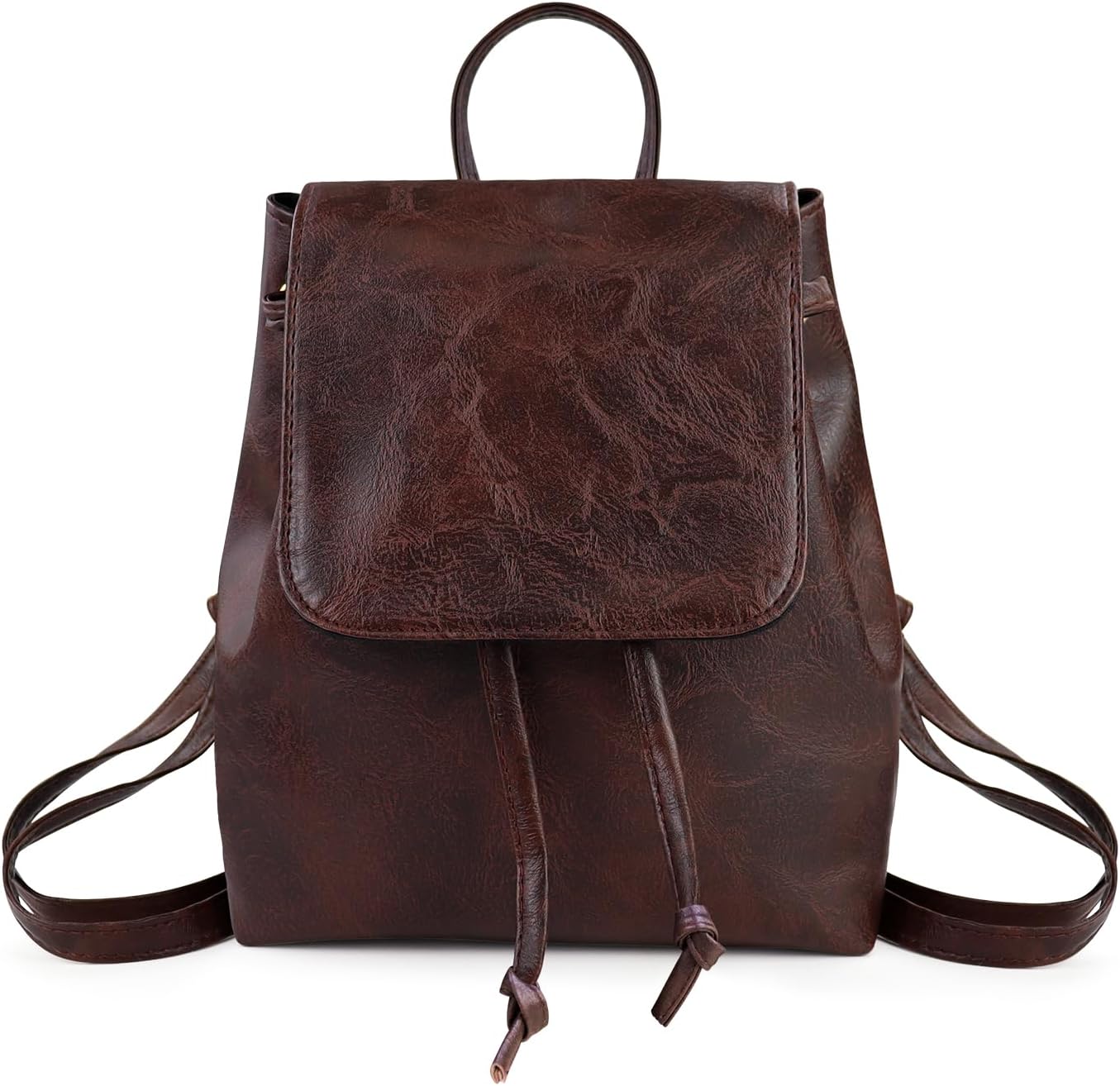 Women's Small Waterproof Backpack, Faux Leather School Backpack with Drawstring Pocket, Mini Flap Daypack, Vintage Small Backpack, Travel Backpack with Adjustable Strap