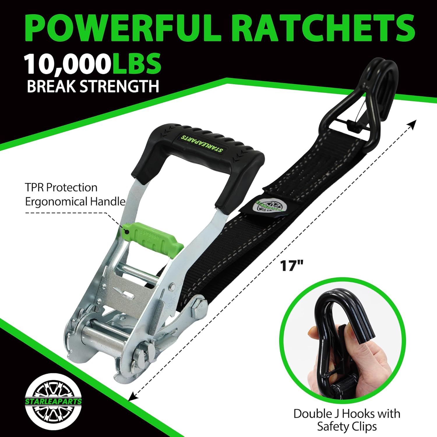 Car Trailer Tie Down Straps with Relfective - 2" x 144" Car Tie Down Straps for Trailer - 10,000LBS Break Strength Tire Straps for A Car Trailers with 4 Axle Straps for Truck,UTV, Powersports (4PK) - Image 3