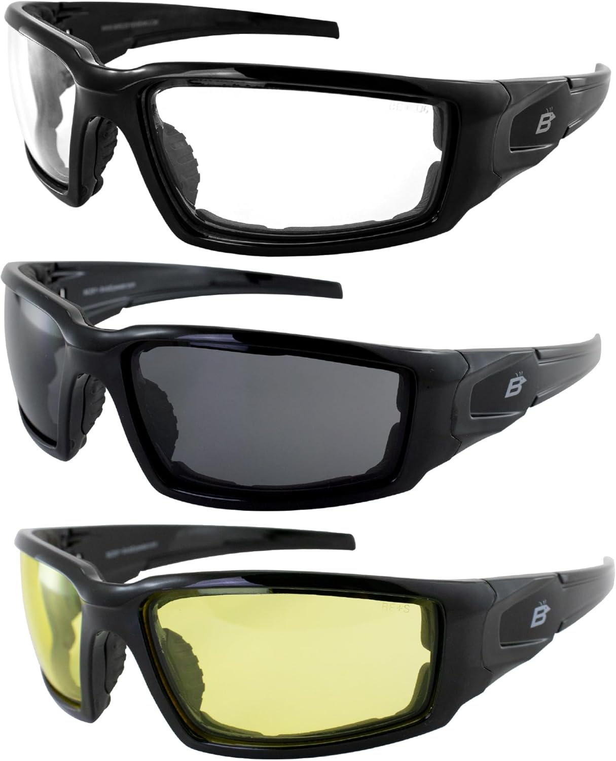 Birdz Eyewear Osprey Foam Padded Safety Motorcycle Sunglasses 3 Pairs Black Frames with Clear Smoke & Yellow Lenses