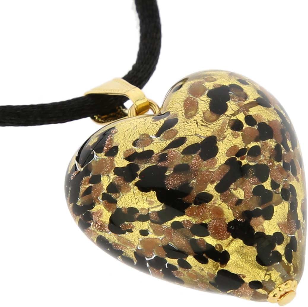 Glass Of Venice Murano Glass Heart Pendant - Black Gold Confetti