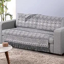 Manta Xale Decorativa Luxor, Tecido Jacquard Geométrico, Cinza e Branco, 210 x 135 cm, com Franjas, Dupla Face, para Sofá e Poltrona (Cinza Geométrico)