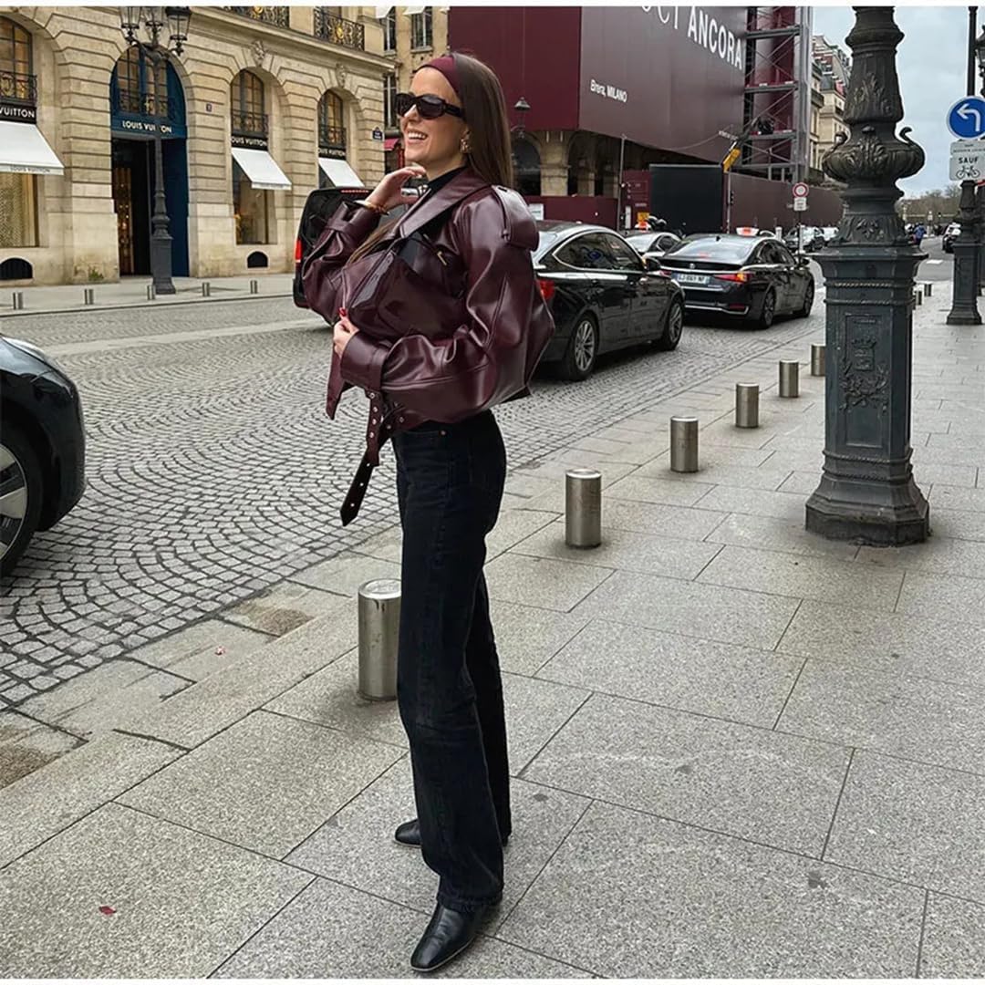 Generico Giacca Da Donna in PU Con Revers Retrò Stile Motociclista Tendenza Moda Giacca Da Ufficio Elegante Casual E Comoda A Maniche Lunghe Per Primavera E Autunno