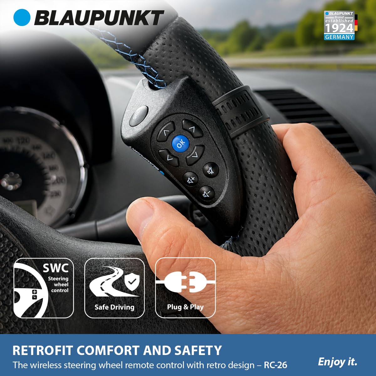 Blaupunkt RC-26, pilot zdalnego sterowania na kierownicy, ergonomiczny design retro, 9 przycisków, interfejs SWC z wtyczką jack 3,5 mm, czarny matowy