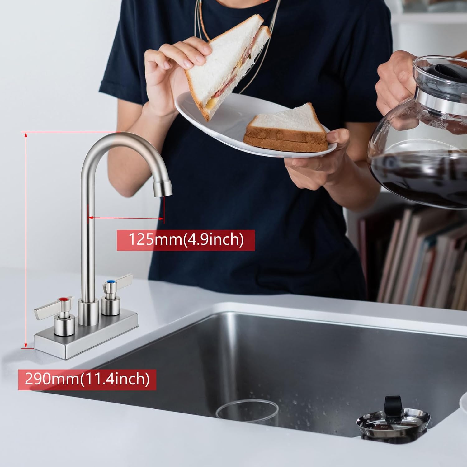 Bar Sink Faucet 4 Inch Center Deck Mount,2 Hole Prep Sink Faucet Dual Handles Commercial Utility Laundry Kitchen,Brushed Nickel