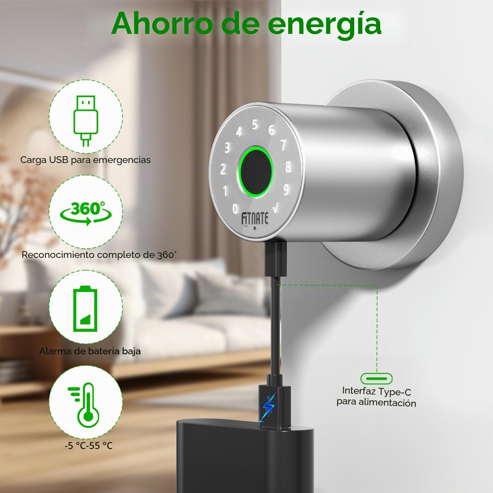 FITNATE 4 en 1 Smart Fingerprint Door Lock - Desbloqueo por huella dactilar, desbloqueo por contraseña, control por aplicación, llave de emergencia, apto para oficina, hogar y hotel, plateado