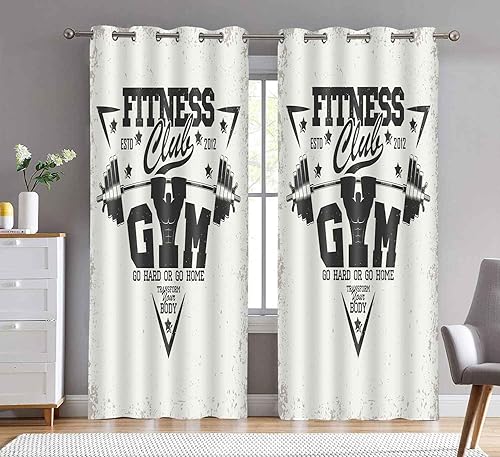 Miniatura 3 de LshyMn Cortina de fitness de 52 x 84 pulgadas, con mancuernas de gimnasio, patrón de ejercicio aeróbico, cortinas de ventana impresas para sala de