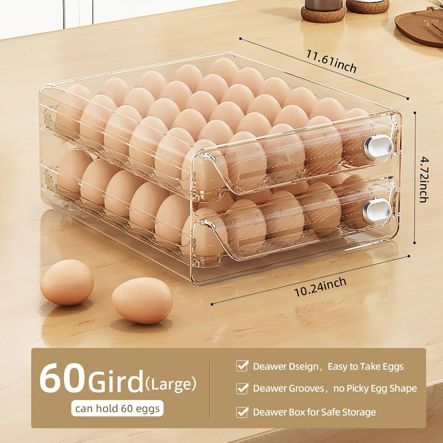 60 Eggs Organizer for Refrigerator, Large Egg Holder for Fridge, Clear Egg Container for Refrigerator, Stackable Egg Storage Trays for Countertop, Egg Drawer Dispenser, Egg Storage Container
