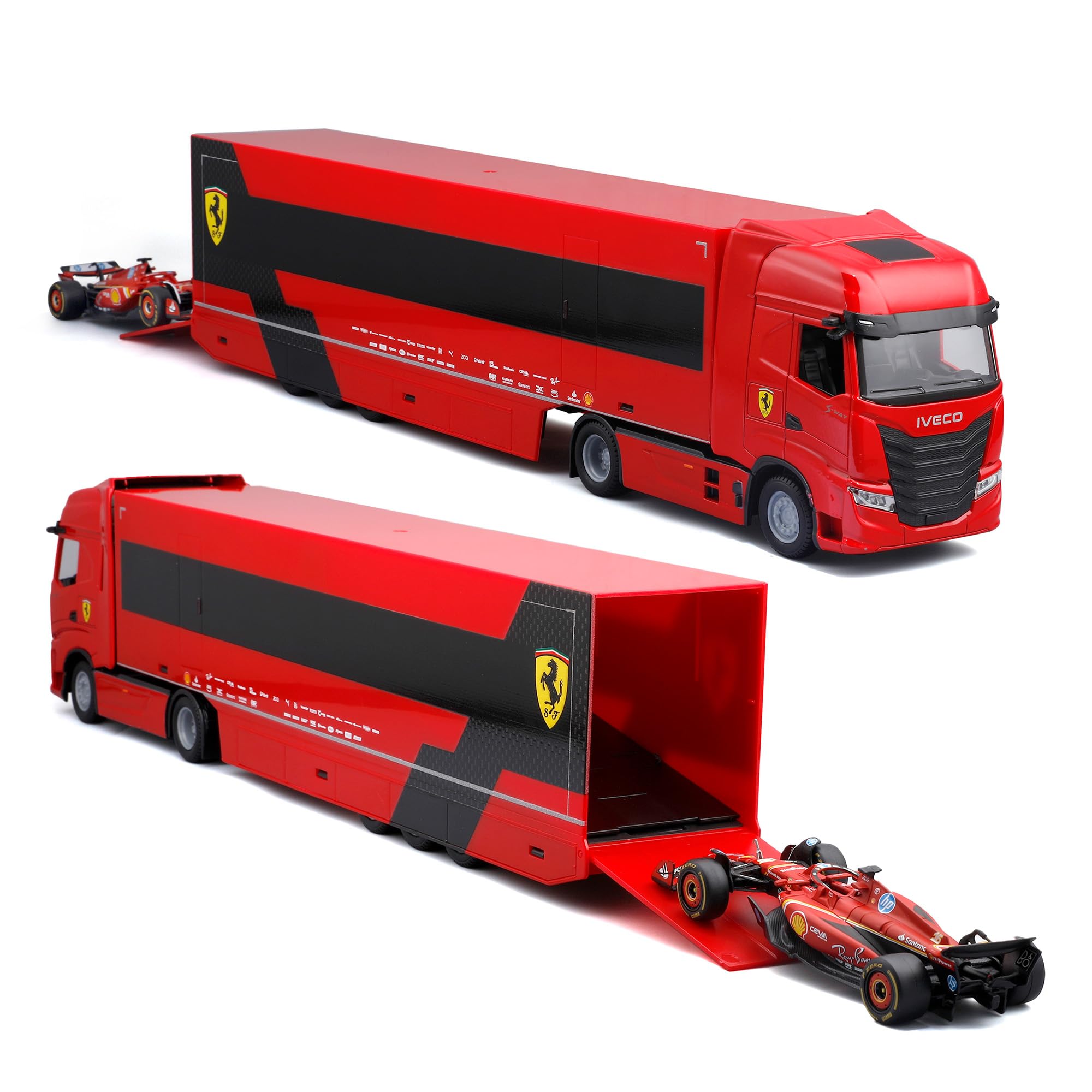BBURAGO Iveco S-Way 570 Racing con Ferrari SF-24#16 Leclerc, Set Diecast in Scala 1:43, Bisarca Dettagliata con Auto F1, Licenze Ufficiali Ferrari e Iveco, Età Consigliata 3+ Anni