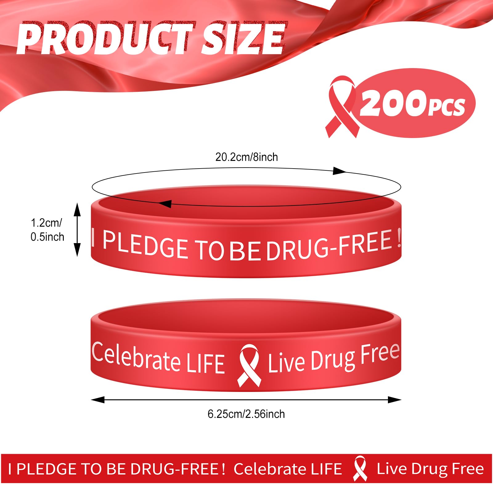 Libima 200 braccialetti vivi senza droghe, braccialetti settimanali in silicone rosso, unisex, in gomma, per campagne anti-droga, eventi, uomini, donne, adolescenti