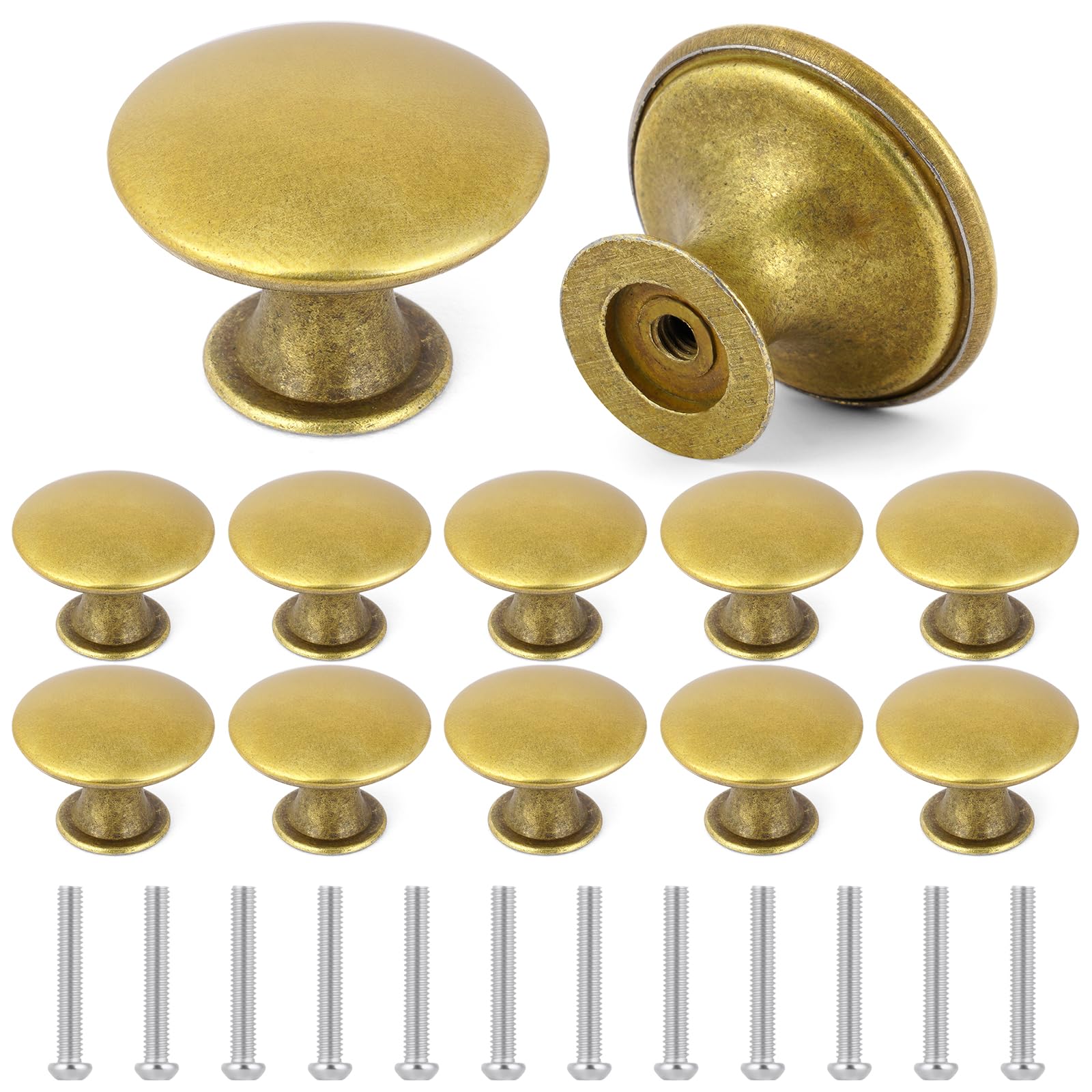 OSDUE 12 PCS Vintage Cabinet Knobs, Shiny Antique Brass Drawer Handles, Single Hole Cupboard Handle, 30mm Round Aluminum Alloy Door Knob with Screws for Cupboards Draws Kitchen Dresser Wardrobe