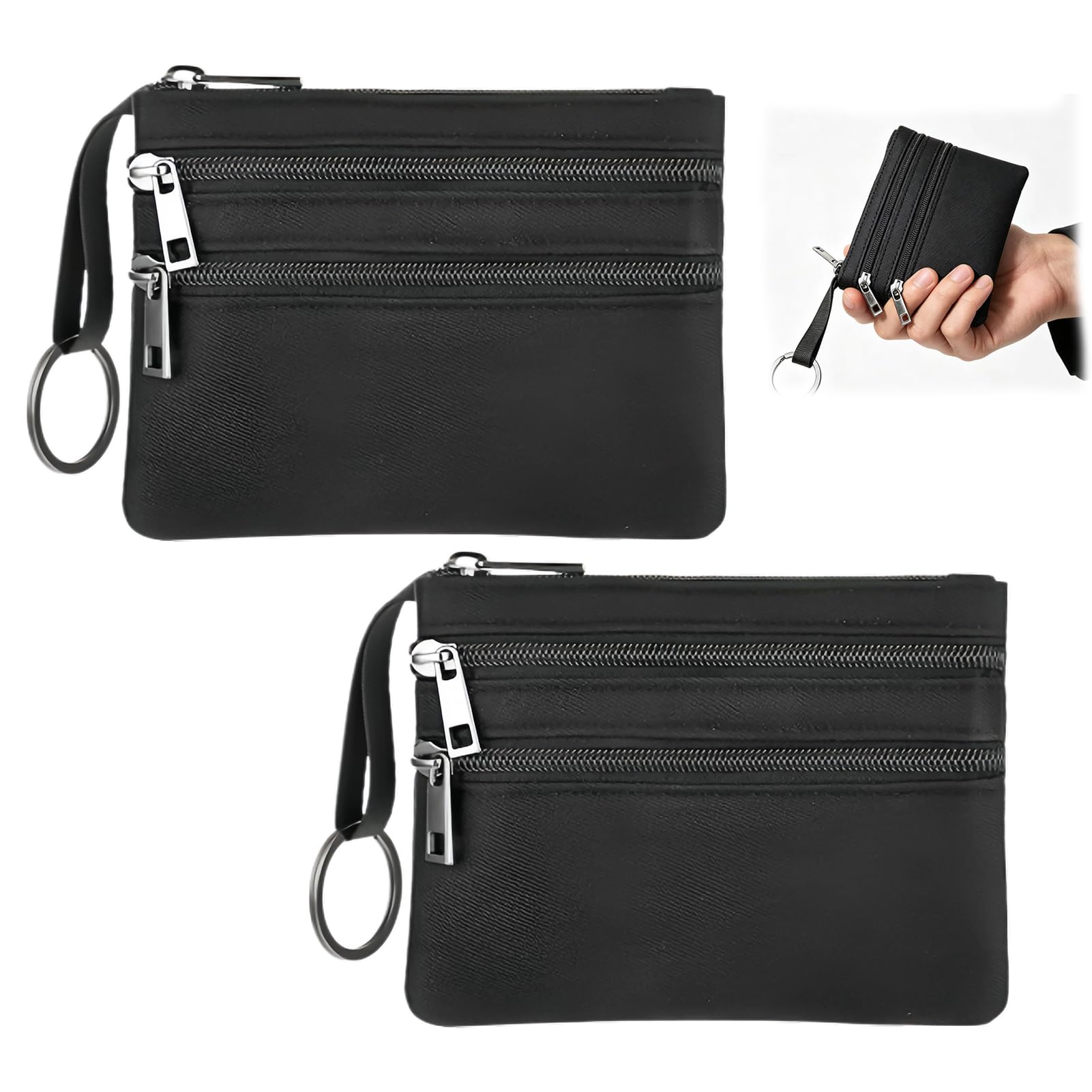 2PCS Petit Porte Monnaie Femme avec 3 Fermeture Éclair Poches et Porte Clés, Petit Porte Monnaie Compact avec 3 Fermetures Éclair et Porte-Clés pour Cartes, Pièces, Clés et Bijoux