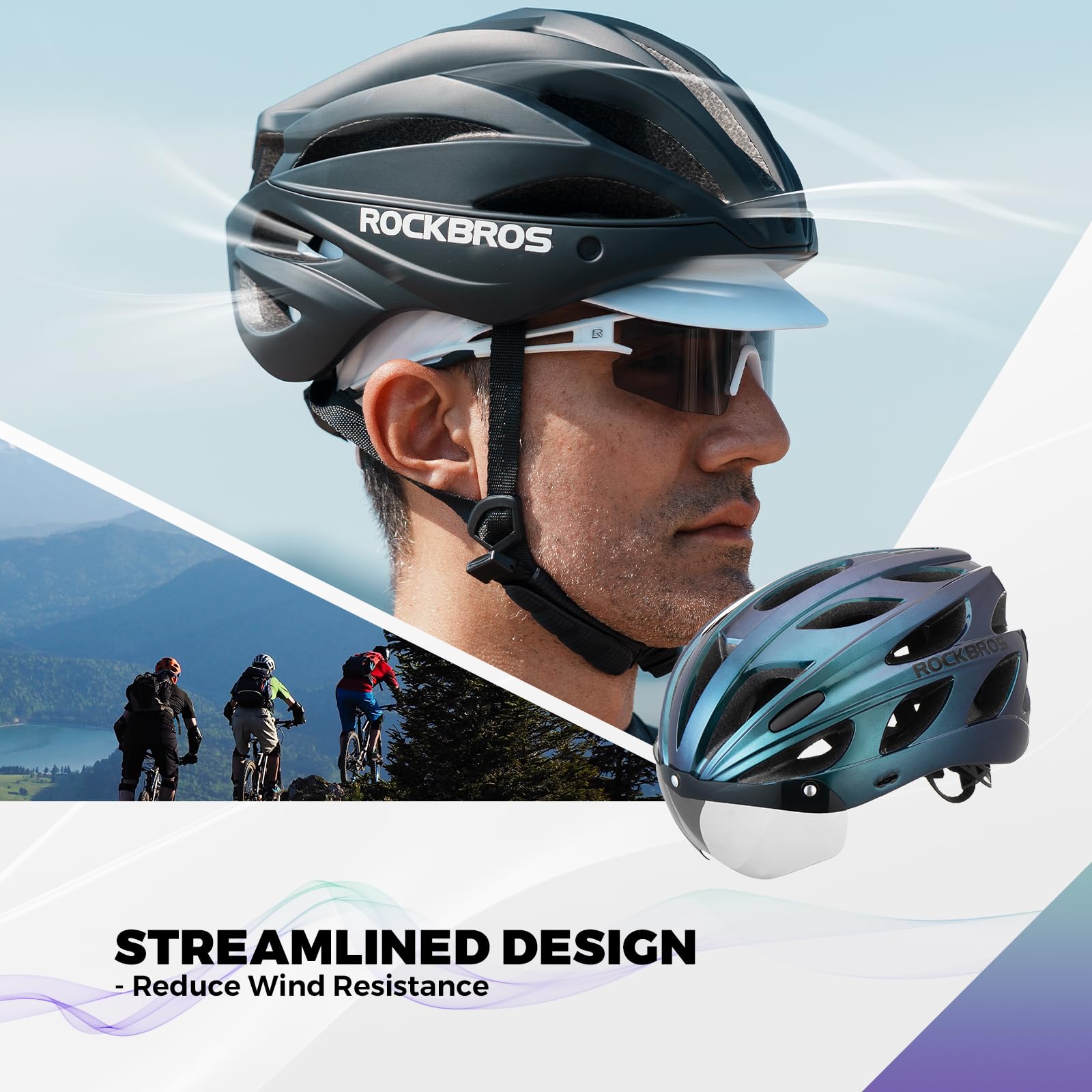 ROCKBROS Bike Helmet for Adult Men Women with Suggested Fit 58-62cm, Removable Goggles & Sun Visor, Lightweight with Adjustable Side and Chin Strap, Suitable for Myopia Glasses 3