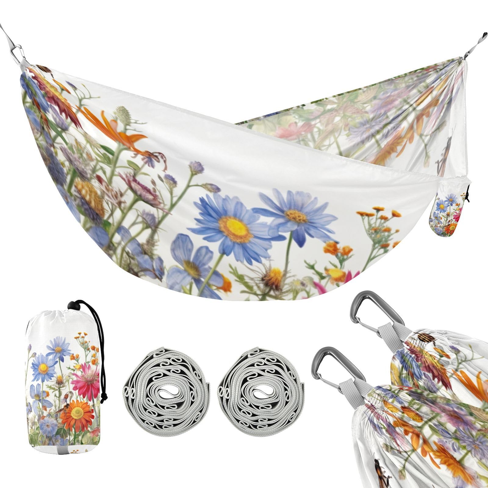 Haskirky Wildflower Camping Hammock, Single Portable Hammocks with Tree Straps & Attached Carry Bag, 330Lbs Capacity Perfect for Outside Indoor Hiking Beach Backpack Travel