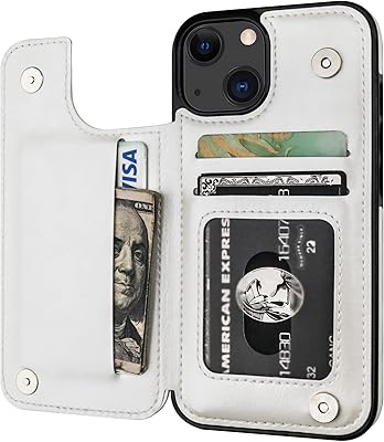 Onetop Compatible with iPhone 13 Wallet Case with Card Holder, PU Leather Kickstand Card Slots Case, Double Magnetic Clasp Durable Shockproof Cover 6.1 Inch(White)