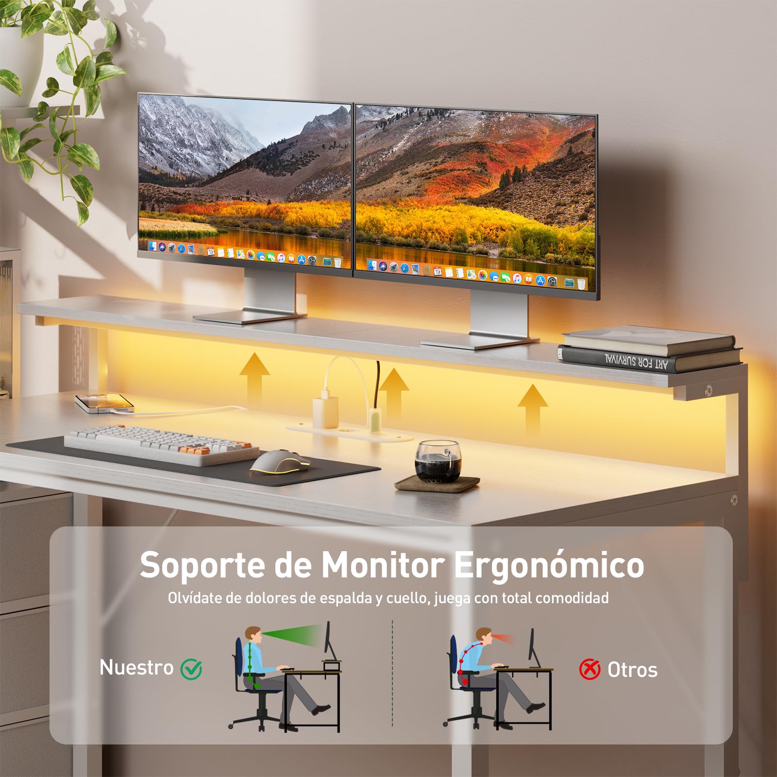 SOLAVERO Escritorio Gaming con LED y Enchufe Integrado, 112cm Mesa Gaming Reversible con Estanteria & Cajones de Tela, Mesa Ordenador con Soporte para Monitor y Gancho para Auriculares, Blanco