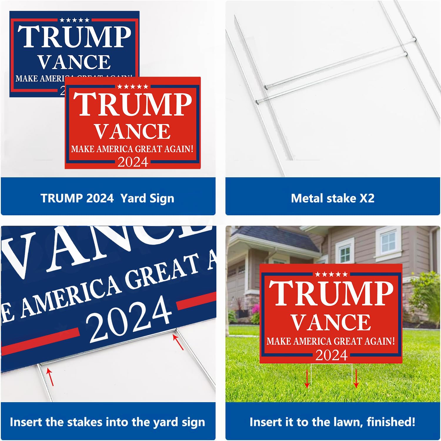 Cartelli Trump Vance 2024 Per Prato, 45x30 Cm, Double Face Con Palo Metallico, Rosso E Blu, Confezione 2 Pezzi, MAGA - 3