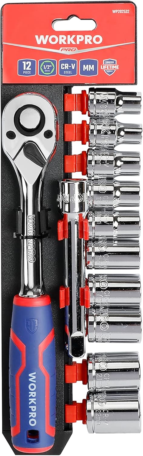 WORKPRO WP202558 12 Parça 1/2’’ CR-V Metrik Profesyonel Lokma Takımı