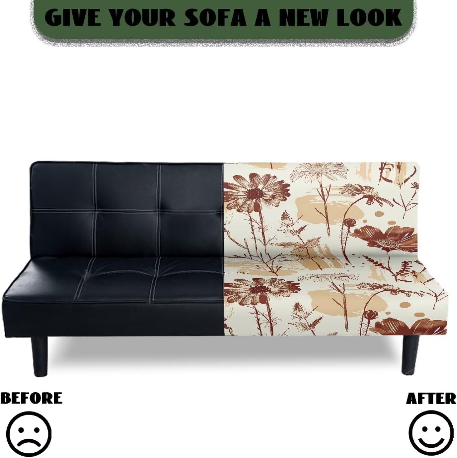 Brown Floral Armless Chair Slipcover Stretchable Slipcover for Futon Couch Washable Home Decor Elastic Furniture Protector