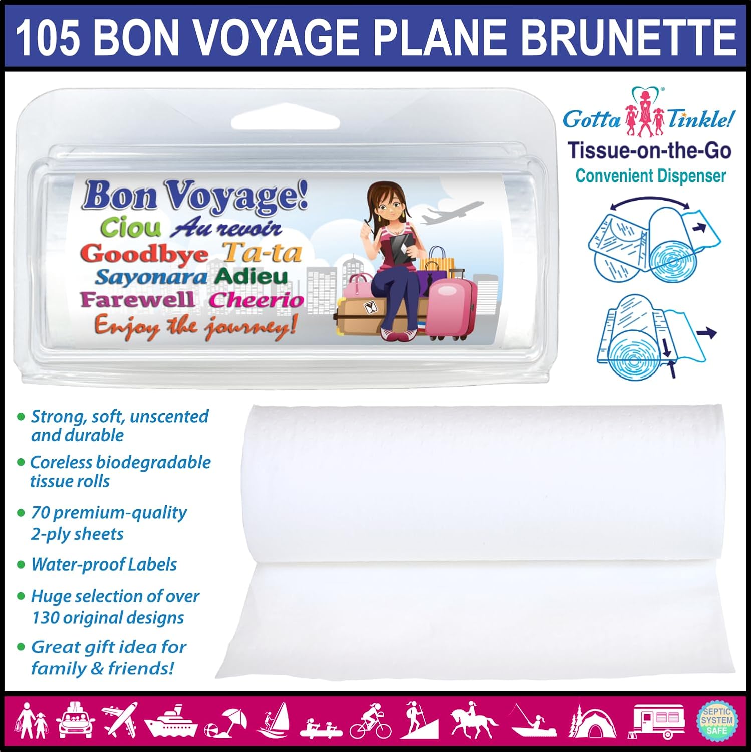 Premium Quality Travel-Size Mini Toilet Paper Rolls | Convenient Plastic Dispenser | Lightweight & Compact | Bon Voyage Tourists (3-Pack) (105 Bon Voyage Plane Brunette) image 2