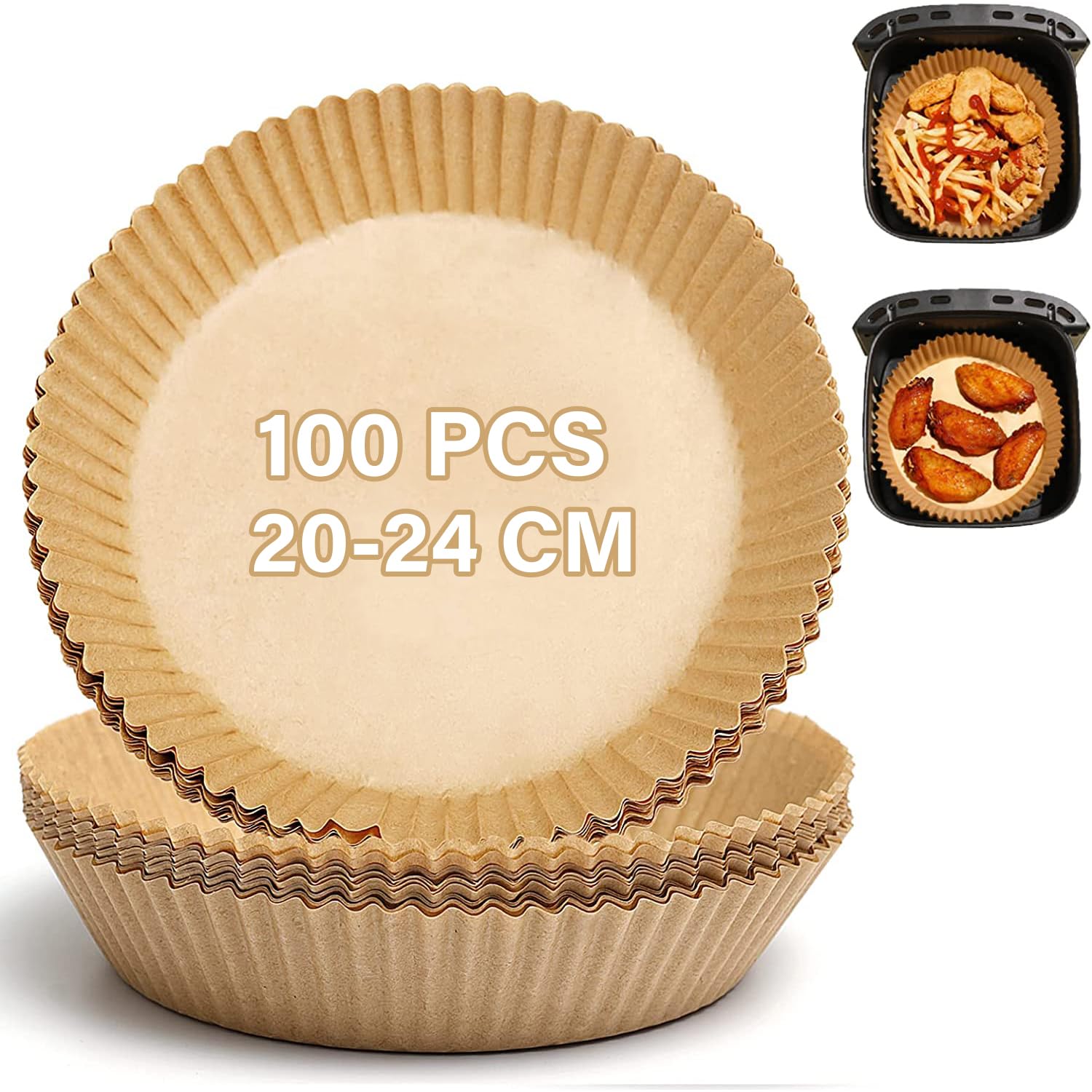 Papel para Freidora de Aire 20-24 CM 100 Piezas, Forro de Papel Desechable Esteras Redondas de Pergaminos Antigrasa Papel de Aceite Silicona Antiadherente Aplicar a Air Fryer