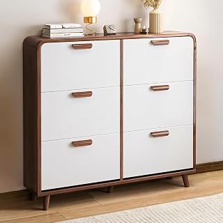 Modern Walnut Finish Entryway Storage Solution: 3-Tier Flip Drawer Shoe Cabinet for Space-Saving Elegance(Size:47.2in/120cm,Color:White-9.4in(d))