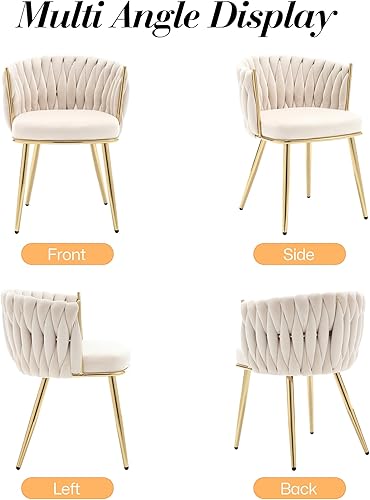 Miniatura 7 de KCC Juego de 2 sillas de comedor de terciopelo, sillas de comedor modernas doradas con patas de metal, sillas de comedor tapizadas tejidas para